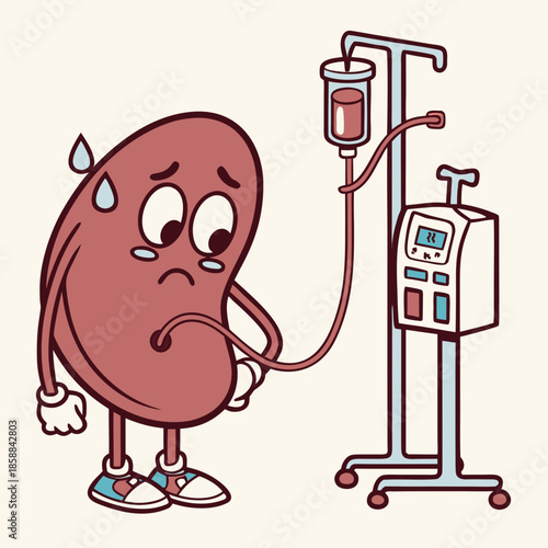 Sad kidney character connected to dialysis machine. Kidney failure treatment and medical care concept.
