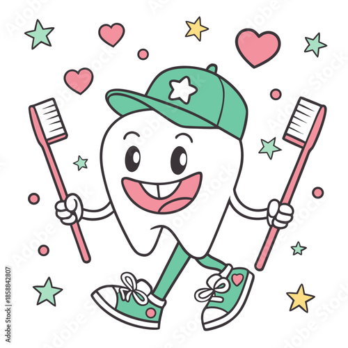 Cheerful molar character with toothbrushes and baseball cap. Dental hygiene and oral care illustration.