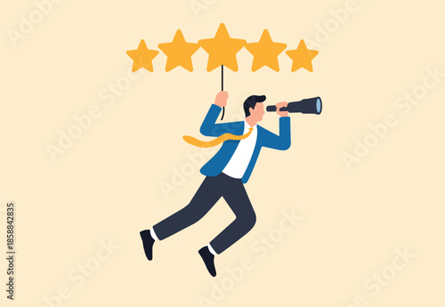 Evaluation or performance rating, reputation or customer satisfaction review, quality feedback or best service, positive stars rating, businessman flying with stars rating balloon look for future.