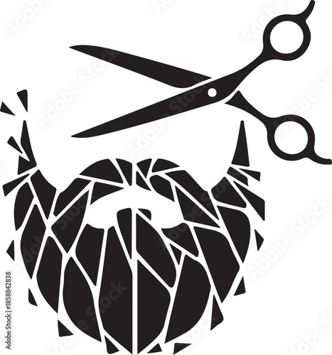 Barber scissors trimming and styling abstract mosaic textured beard, graphic illustration for grooming, barbershop, and personal care concepts