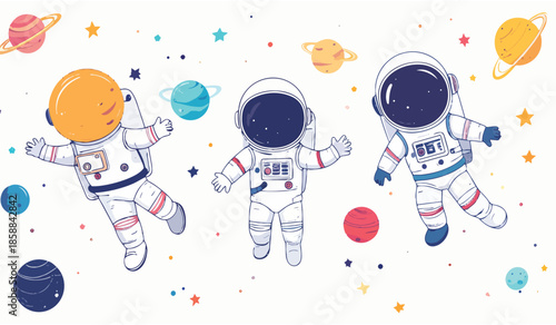 Cartoon space scene with astronauts floating among colorful planets and stars