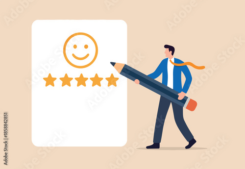 Evaluation performance survey, marketing feedback or service questionnaire, customer opinion, excellent 5 stars service, customer ranking score concept, businessman use pencil giving stars evaluation