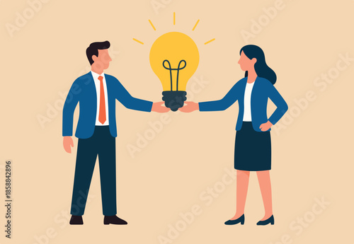 Exchange idea, creativity and innovation, brainstorming or sharing intelligence data, solution or communication, discussing or learn together, businessman and woman share lightbulb idea to colleagues.