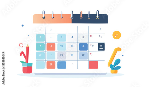 Flat design calendar with appointment reminders and events icons, vector illustration