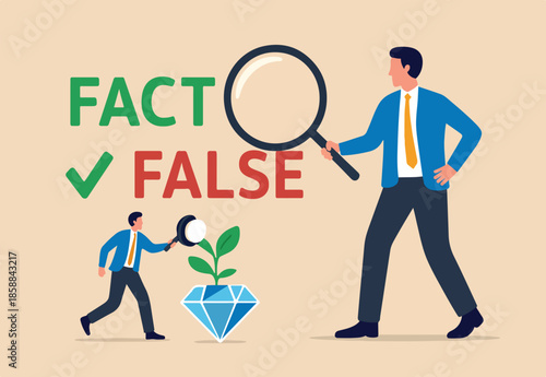Fact checking, analyze truth, lie or dishonesty, proof information, decision to identify fact, verification or validate data concept, businessman with magnifying glass analyze fact from false info.