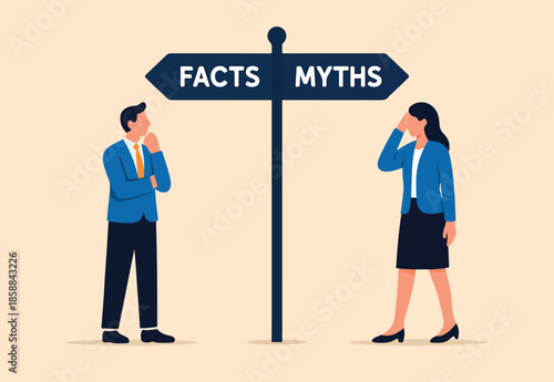 Fact vs Myth, truth or false information to make decision, belief or fiction to choose to believe, trustworthy, fraud or wrong direction concept, business people at Facts vs Myths directional sign.