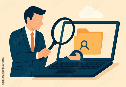 File management or documents archive, computer data backup or virus scan, online cloud storage or search for files concept, businessman with magnifying glass search for file in folder computer laptop.