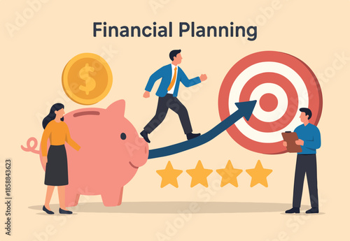 Financial planning, investment growth strategy or money management for retirement goal, budget or expense analysis to reach financial goal, people planning with piggy bank strategy to reach target.
