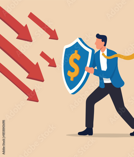 Financial security, money loss or wealth protection, defense from cyber attack or economic recession concept, strong businessman holding shield to protect from red arrow attacking financial security