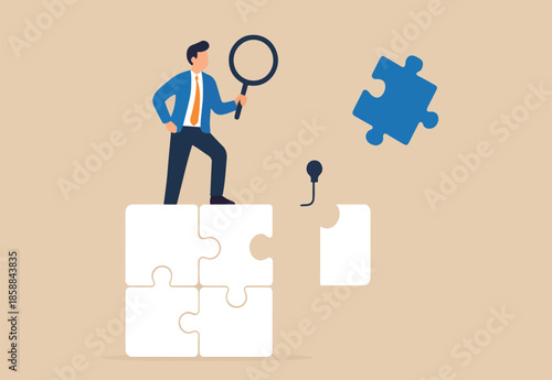 Finding solution or search for last missing piece to finish or complete work, leadership mission or business difficulty concept, businessman standing on uncompleted jigsaw looking for missing piece.