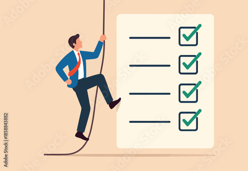 Finish checklist or todo list, tick checkmark or work completion, questionnaire or productivity checklist, survey form or success plan concept, businessman rope climbing on work check list completion.