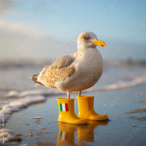 möwe, comic, surreal, gemalt, italien, frankreich, gummischuhe, gummistiefel, gelb, unwetter, strand, 