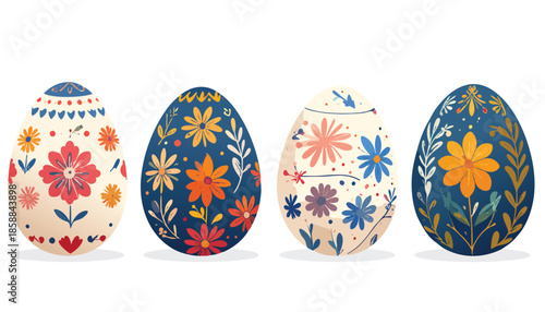 Easter eggs decorated with colorful folk art patterns, flat vector
