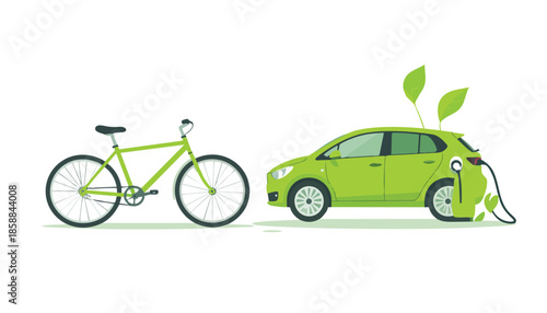 Eco-friendly transportation with bicycle and electric car charging station, sustainable vector illustration