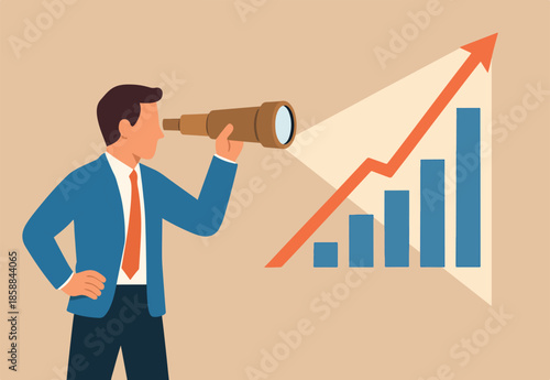  Forecast or prediction to see or analyze future opportunity, forwarding data analysis, leadership vision or discover investment plan concept, businessman look through telescope to see forecast chart.
