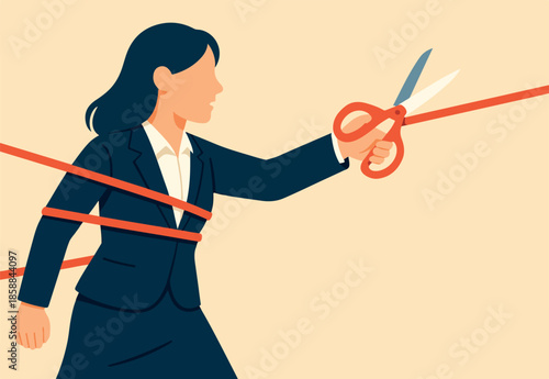 Freedom or challenge of gender inequality, struggle or inspiration, release full potential, unlock skill for new opportunity concept, businesswoman cut red rope to unlock or release from struggle.