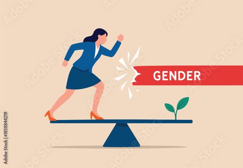 Gender barrier, woman career obstacle or inequality, limitation or discrimination, effort to overcome difficulty concept, strong businesswoman try with full effort to break red tape to growing in work