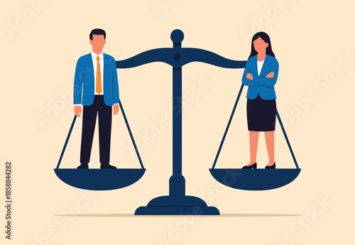 Gender equality, workplace fairness, justice or law, diversity corporate employee, comparison or balance scales, equilibrium concept, businessman and businesswoman colleagues on balance equal scales