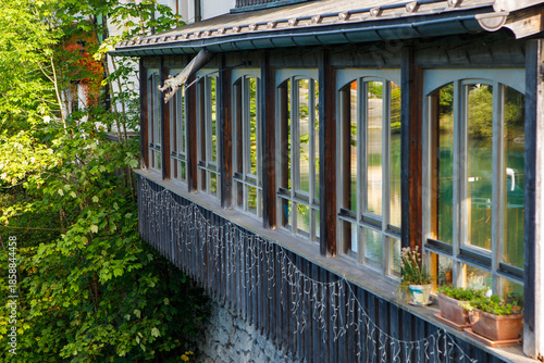 Detail of Traditional Wooden Balcony Overlooking the Lech River in Fussen, Germany