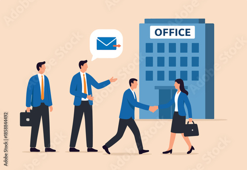 Go to office after work from home, office or company invite employee to go to office policy, colleague or manager to meet at office building, coworker encouragement to meet in person at work.