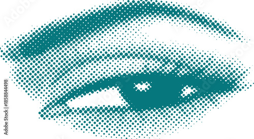 Stylized teal halftone female eye looking sideways in retro comic book pop art style on transparent background vector