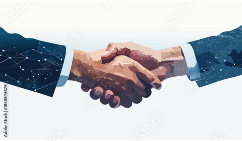 Business handshake with futuristic digital data stream overlay, technology concept