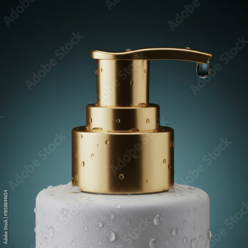 Luxury Gold Pump Dispenser Bottle Mockup with Fresh Water Droplets and Hanging Liquid Drop on Dark Blue Background for Cosmetic Skincare Product Branding and Spa Hygiene