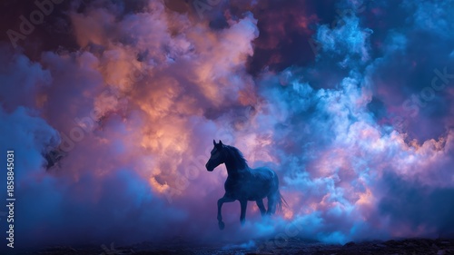 Black horse running through colorful smoke in dramatic atmosphere  