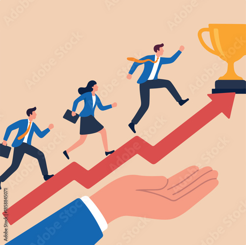 Growth to success, team achievement or teamwork to achieve target, career development or business strategy to win or victory, growing business concept, business people running up graph to trophy.