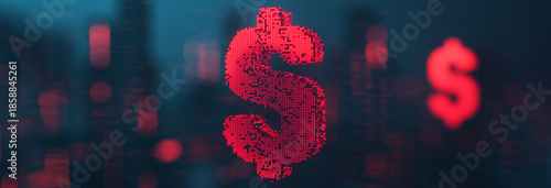 Futuristic financial district with floating currency symbols, emphasizing revenue surge, economic windfall