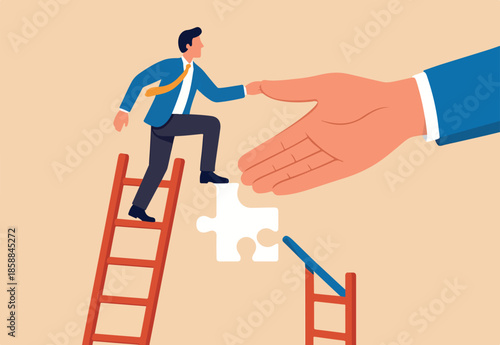 Helping hand, business support to reach career target or help to climb up ladder of success concept, businessman climbing up to top of broken ladder with huge helping hand to connect to reach higher.