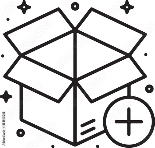 Empty open carton with plus icon, ideal for e-commerce, logistics, adding to cart, stock management, and new parcel concept.