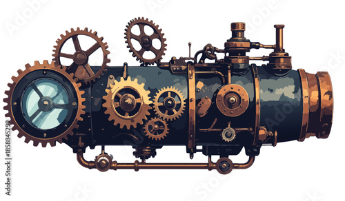Steampunk style retro machinery with gears, cogs, and pipes, vector illustration