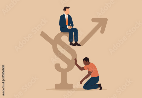 Human inequality and injustice, discrimination and racism as global social issue concept, upper class business man sitting on top of injustice, unfairness symbol with person of color at the bottom