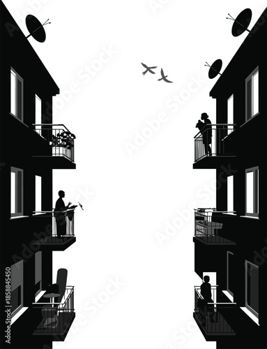 Apartment balcony silhouettes with people standing at windows, urban living concept, city building facades with neighbors and everyday life scene illustration