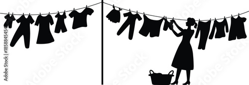 Silhouette of woman hanging laundry on clothesline with basket, illustrating domestic chores, everyday life, and outdoor household activity.