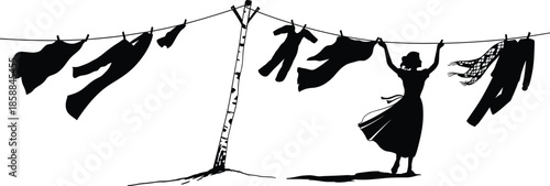 Woman hanging laundry silhouette on clothesline outdoors, traditional housework scene with drying clothes, rural daily life and domestic chore concept illustration
