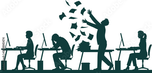 Silhouette of office workers at desks showing stress, frustration, and productivity, illustrating workplace burnout, emotional response, and job pressure in corporate setting.