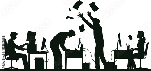 Office stress silhouettes showing frustrated employees throwing papers, computer work chaos, burnout and workplace pressure concept illustration isolated on white background