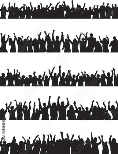 Cheering crowd silhouettes set with raised hands showing celebration, concert audience, festival excitement, unity and success concept isolated on white background