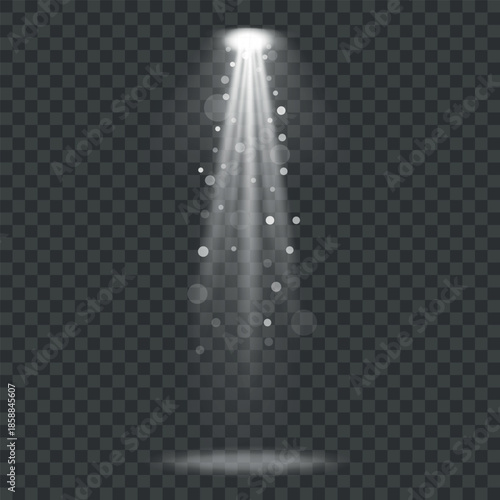 A bright white spotlight shines down with soft, vertical light rays, surrounded by floating particles and sparkles, creating a magical, cinematic atmosphere. The faint glow on the ground adds depth. 