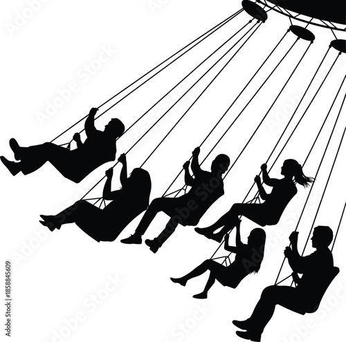 Swing ride silhouette illustration showing people enjoying amusement park attraction, carnival fun activity, leisure entertainment concept isolated on white background