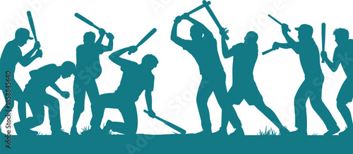 Silhouette illustration of violent mob attack with clubs, depicting aggression, social unrest, and chaotic confrontation in a hostile outdoor setting.