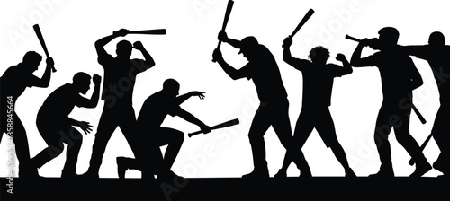 Violent mob attack silhouettes showing group of people fighting with sticks and clubs, riot conflict scene, crime and aggression concept illustration
