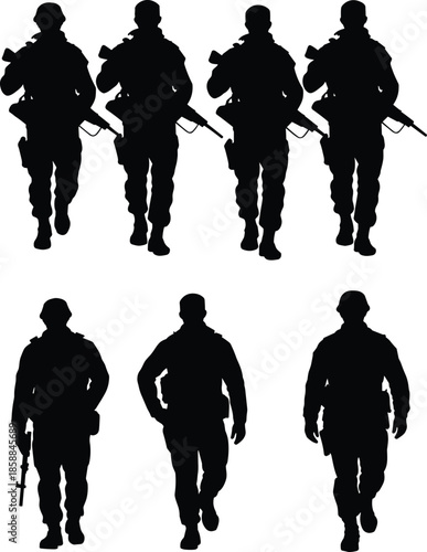 Military soldier silhouettes set showing armed infantry troops walking forward, tactical combat poses, security forces icons isolated on white background