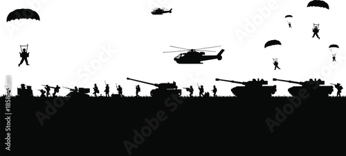 Military battle scene silhouette with paratroopers, helicopters and tanks advancing together, modern warfare operation, army assault, combat strategy illustration