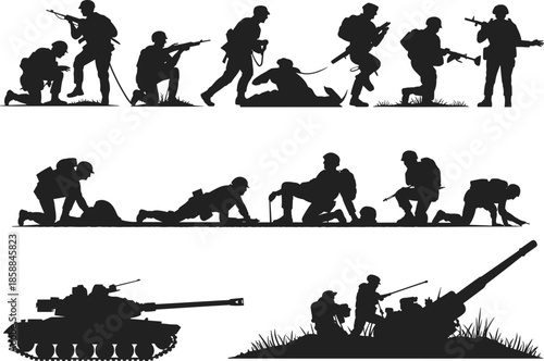 Silhouettes of soldiers and military vehicles in action scenes showcasing combat roles, teamwork, and tactical operations in battlefield environments.