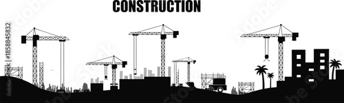 Construction skyline silhouette with tower cranes and urban buildings, city development concept, infrastructure growth, engineering projects and industrial construction illustration