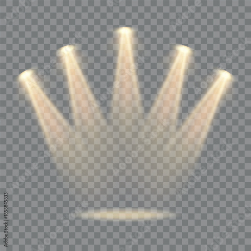 A set of warm stage spotlights shining downward with soft, diffused light beams on a transparent background.
