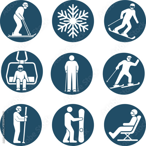 Winter sports icon set featuring skiing, snowboarding and ski lift symbols, cold season activities, mountain resort signage, recreation and travel illustration